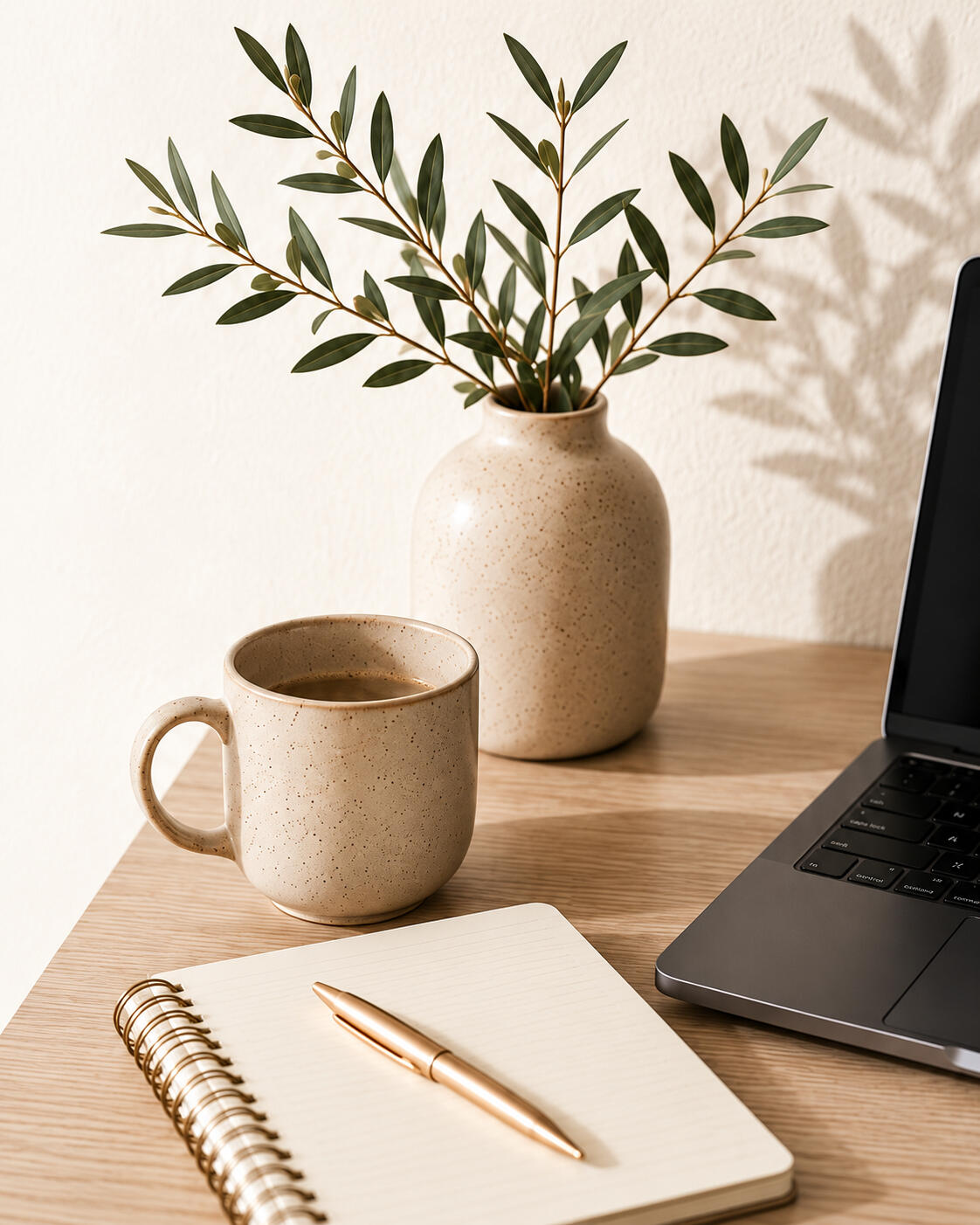 Warm workspace with laptop, notebook, coffee mug, and olive branches